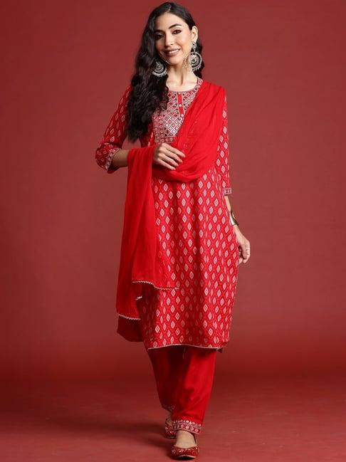 indo era red printed kurta pant set with dupatta