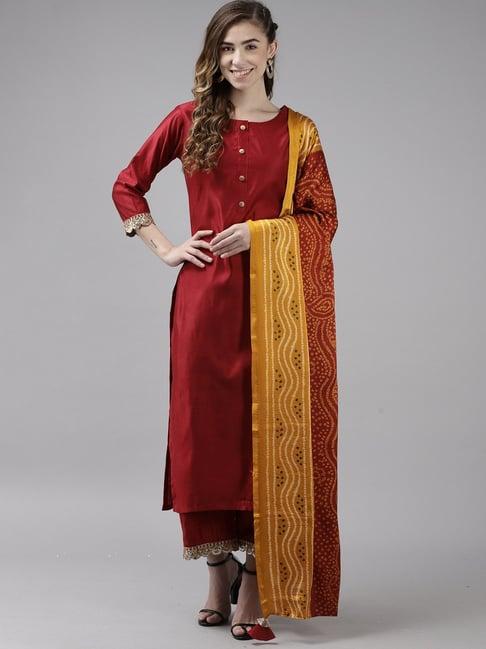 indo era red pure cotton embroidered kurta palazzo set with dupatta