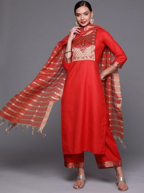 indo era red woven pattern kurta palazzo set with dupatta