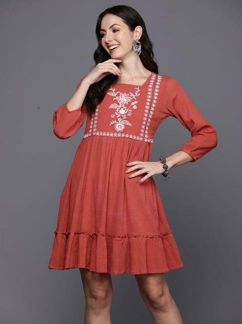 indo era rust cotton embroidered a-line dress