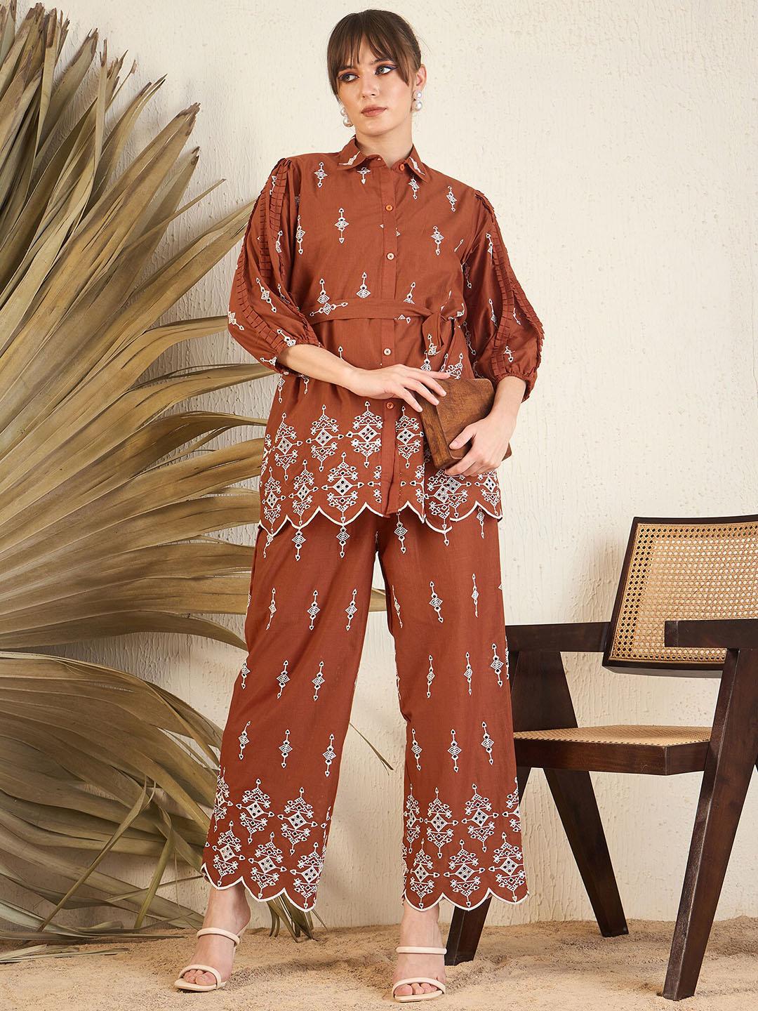 indo era rust floral embroidered straight a-line kurta with trouser