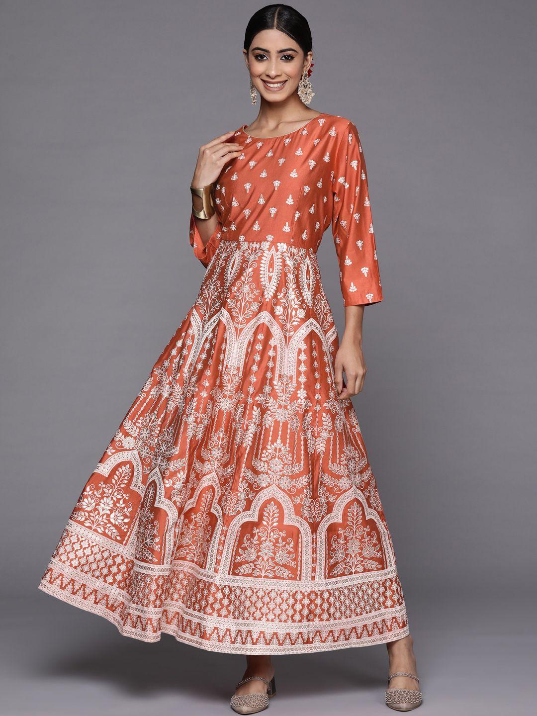 indo era rust orange & white floral printed liva ethnic maxi dress