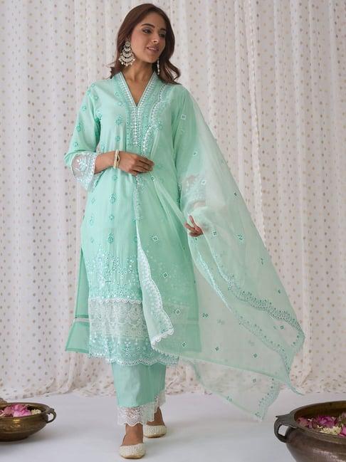 indo era sea green cotton embroidered kurta pant set with dupatta