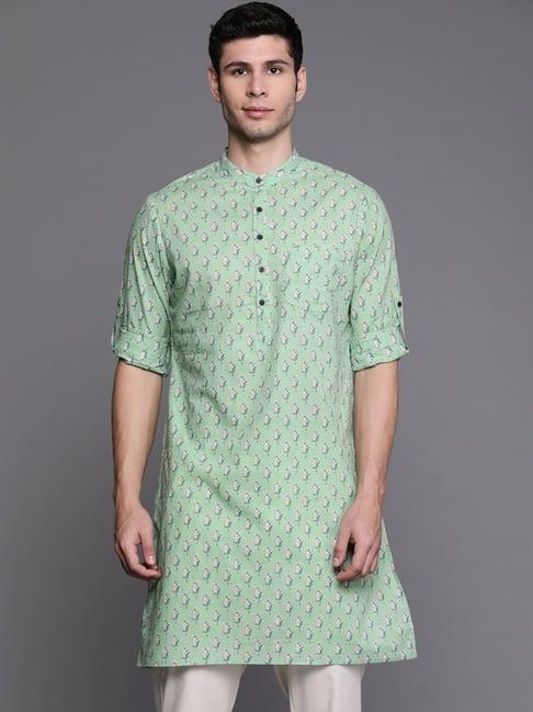 indo era sea green cotton regular fit printed kurta