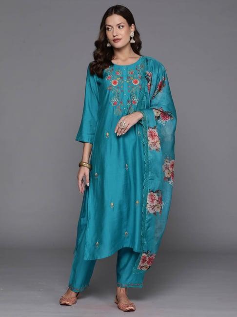 indo era sea green embroidered kurta with pant & dupatta