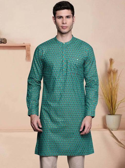 indo era sea green regular fit printed kurta