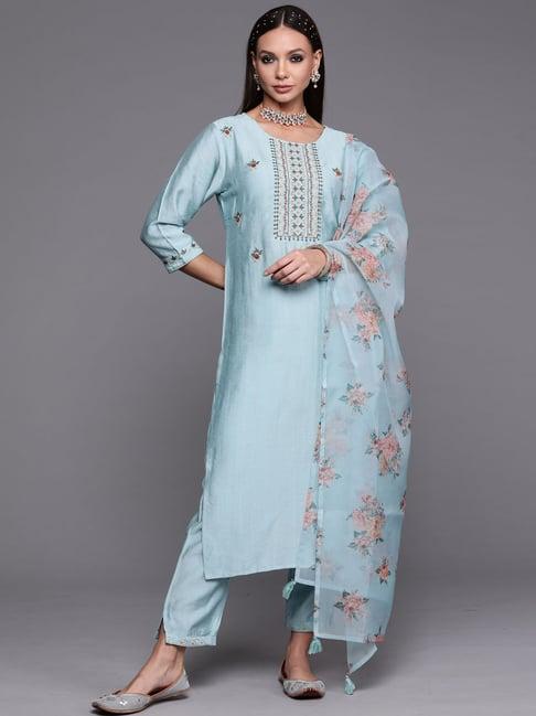 indo era sky blue embroidered kurta pant set with dupatta
