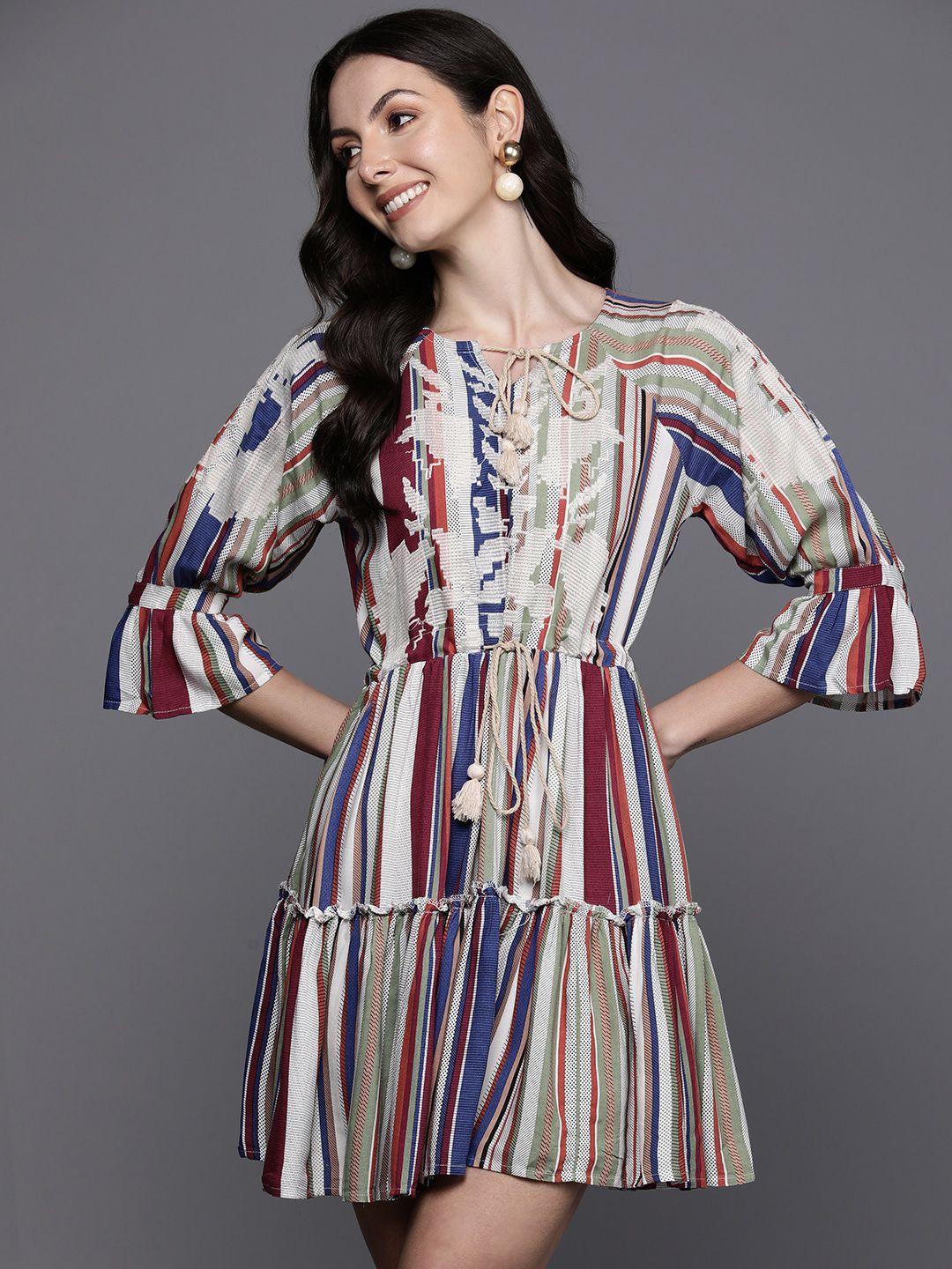 indo era striped embroidered & tie-up detail mini a-line dress