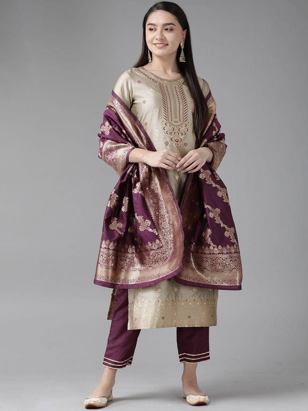 indo era taupe & gold ethnic woven design chanderi silk kurta with trousers & with dupatta