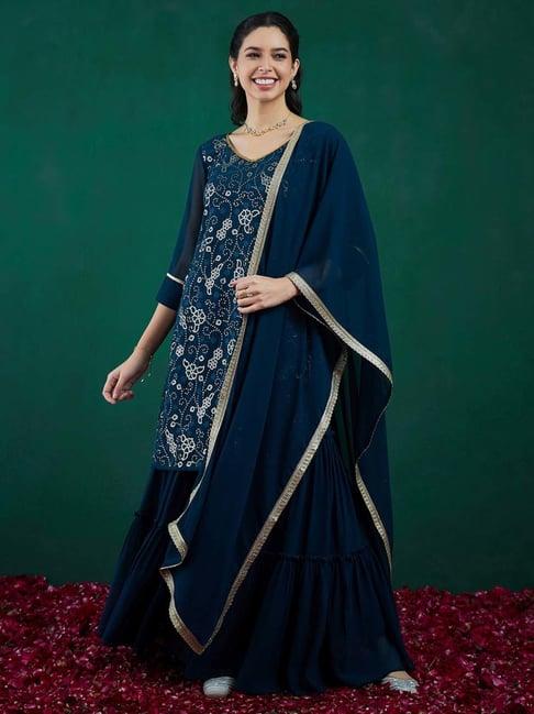 indo era teal blue embellished kurta and sharara set with dupatta