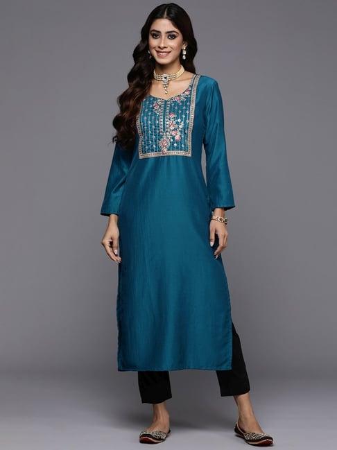 indo era teal blue embellished straight kurta