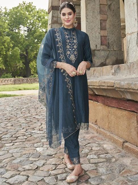 indo era teal blue embroidered kurta pant set with dupatta