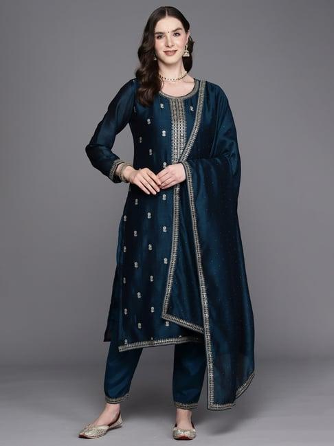 indo era teal blue embroidered kurta pant set with dupatta