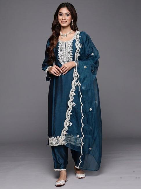 indo era teal blue embroidered kurta pant set with dupatta