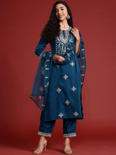 indo era teal blue embroidered kurta pant set with dupatta