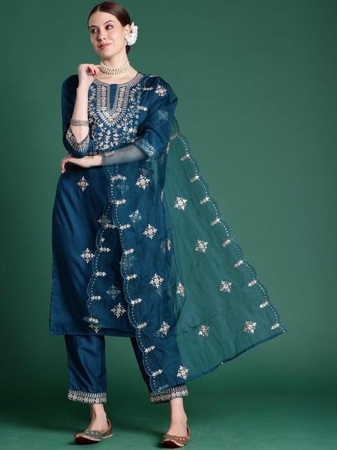 indo era teal blue embroidered kurta pant set with dupatta