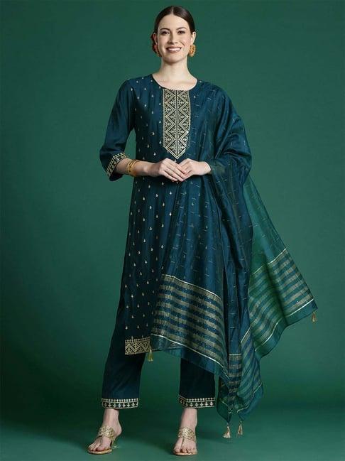 indo era teal blue embroidered kurta pant set with dupatta