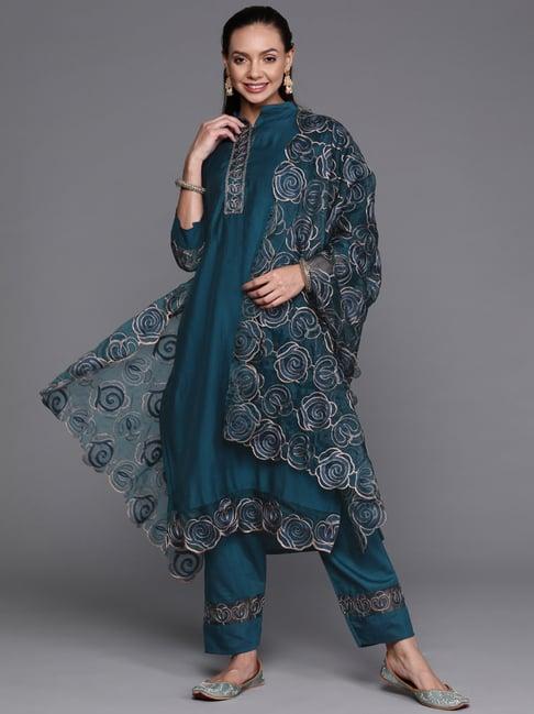 indo era teal blue embroidered kurta pant set with dupatta