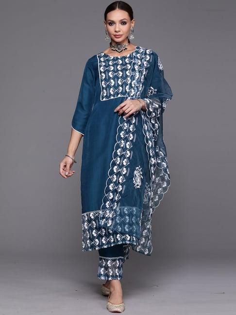 indo era teal blue embroidered kurta pant set with dupatta