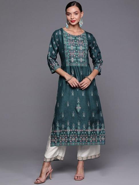 indo era teal green & white printed kurta palazzo set