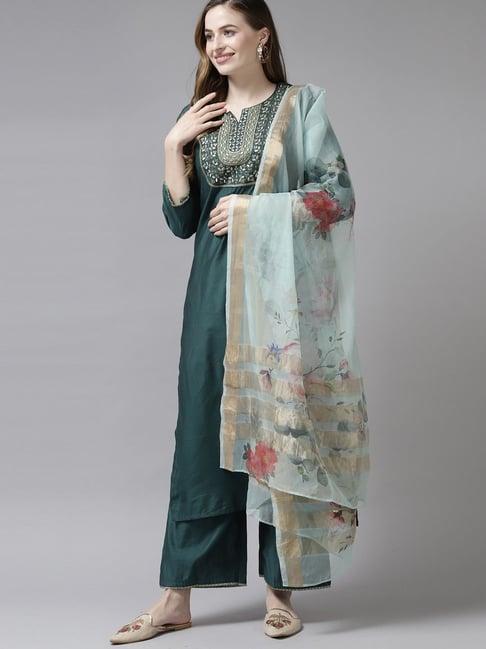 indo era teal green embroidered kurta palazzo set with dupatta