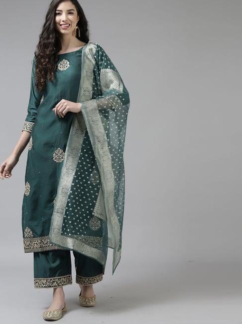 indo era teal green embroidered kurta palazzo set with dupatta