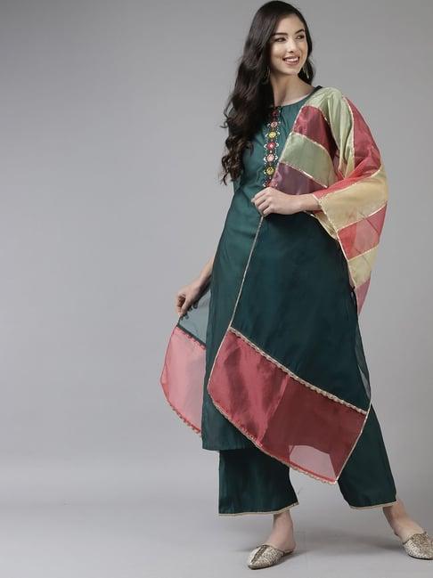 indo era teal green embroidered kurta palazzo set with dupatta