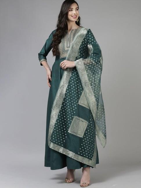 indo era teal green embroidered kurta pant set with dupatta