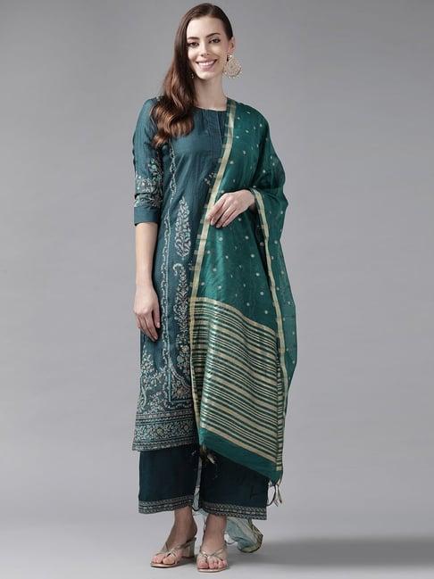 indo era teal green printed kurta palazzo set with dupatta