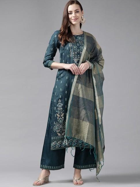 indo era teal green printed kurta palazzo set with dupatta