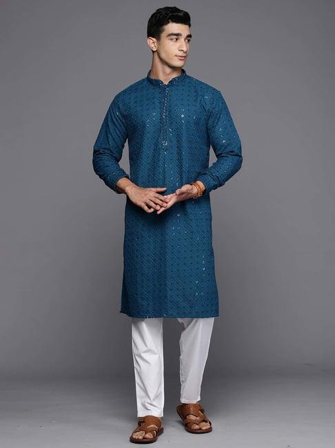 indo era teal regular fit embroidered kurta