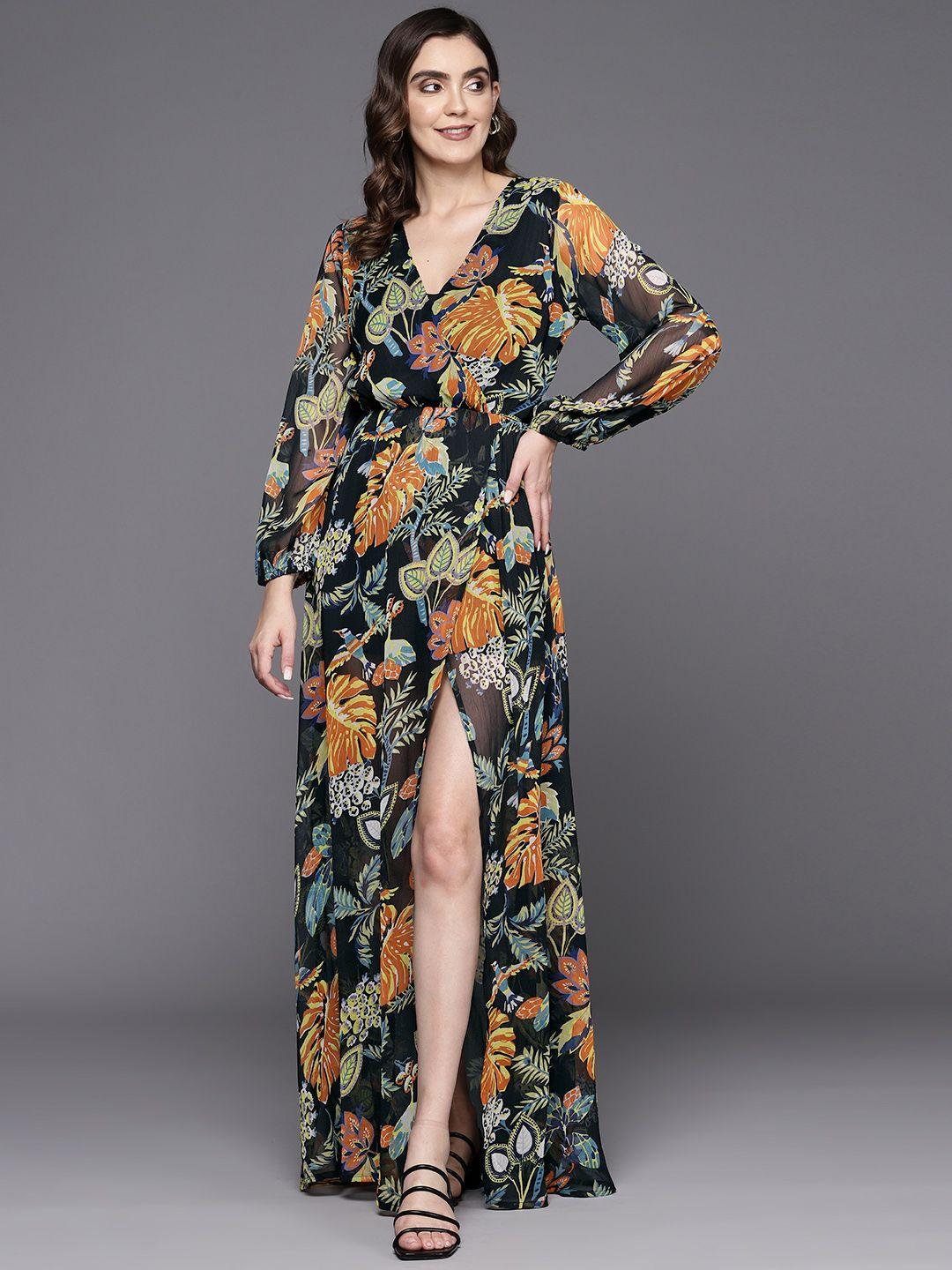 indo era tropical print puff sleeve georgette a-line maxi dress