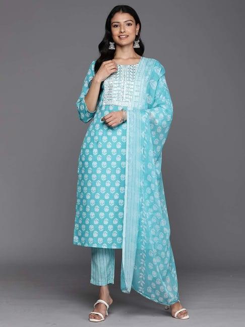indo era turquoise cotton embroidered kurta pant set with dupatta