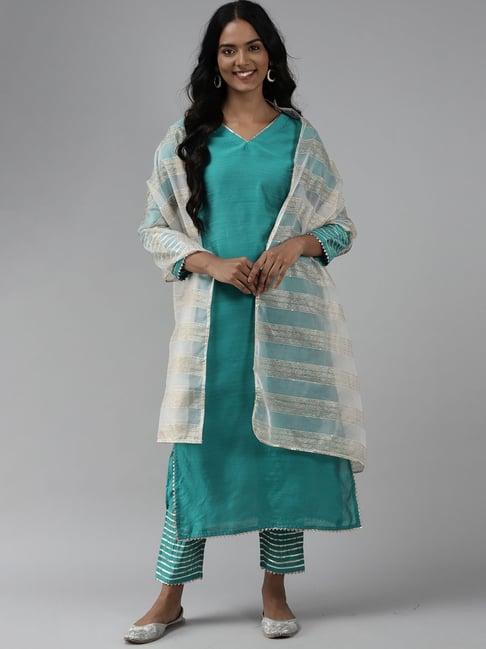 indo era turquoise kurta pant set with dupatta