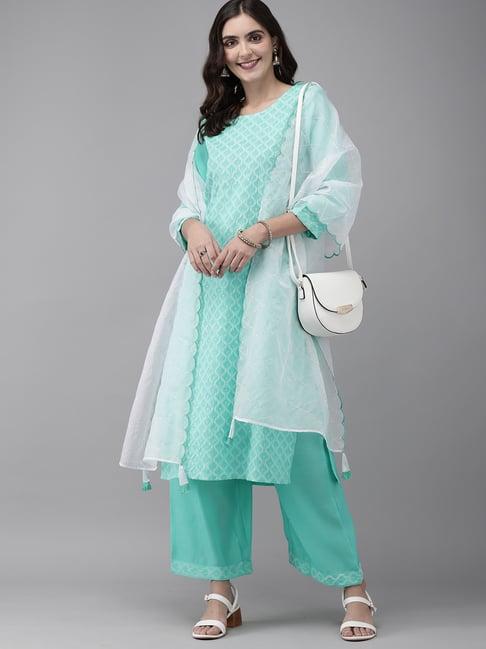 indo era turquoise round neck kurta with palazzo & dupatta