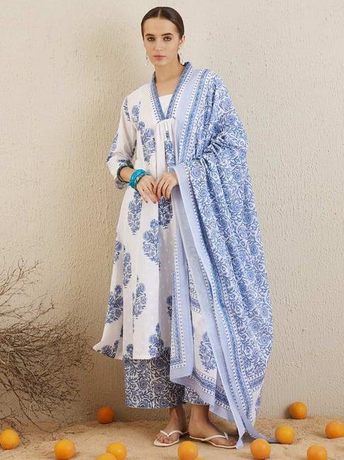 indo era white & blue cotton floral print kurta palazzo set with dupatta