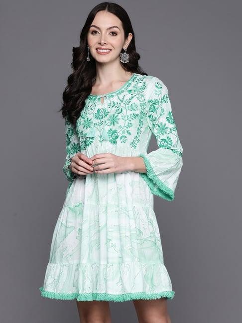 indo era white & green cotton embroidered dress