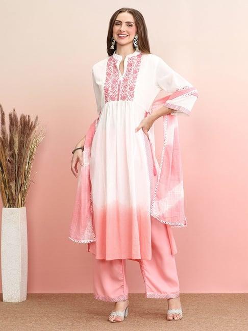 indo era white & pink cotton embroidered kurta palazzo set with dupatta