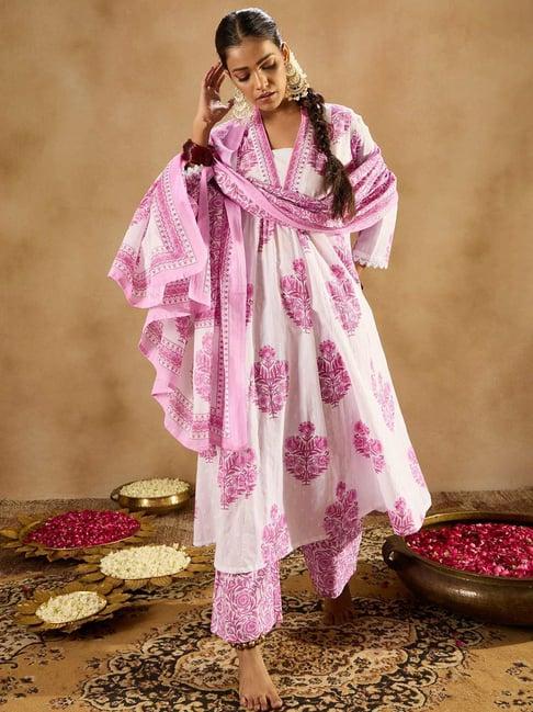 indo era white & pink cotton floral print kurta palazzo set with dupatta