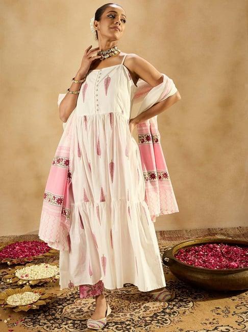 indo era white & pink cotton floral print kurta pant set with dupatta