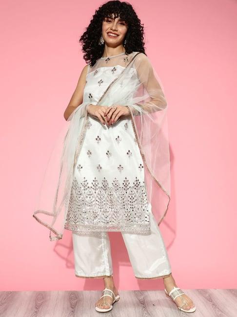 indo era white embellished kurta palazzo set with dupatta