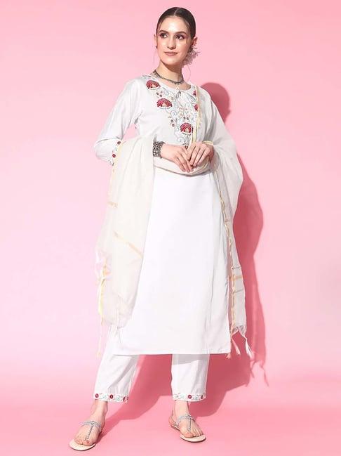indo era white embroidered kurta pant set with dupatta