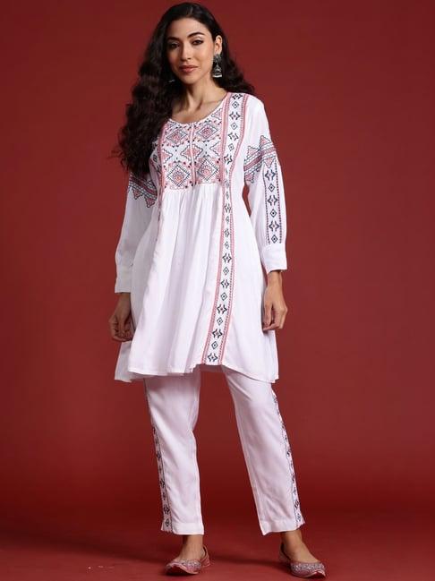 indo era white embroidered kurti pant set