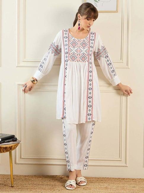 indo era white embroidered kurti pant set