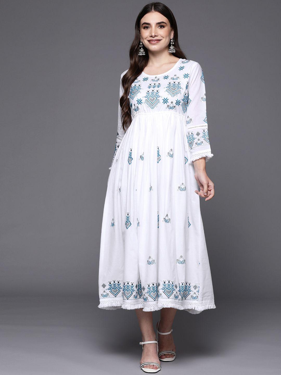 indo era white ethnic motifs embroidered ethnic a-line midi dress