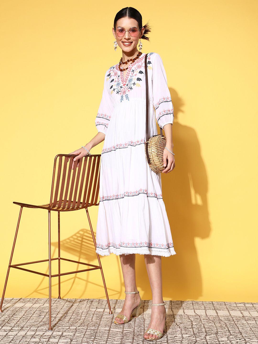 indo era white floral embroidered ethnic a-line midi dress