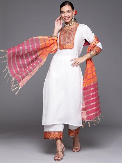 indo era white woven pattern kurta palazzo set with dupatta