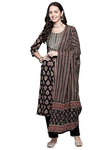 indo era women's black embroidered pure cotton kurta with pant & dupatta set (kh0bk9328_large)