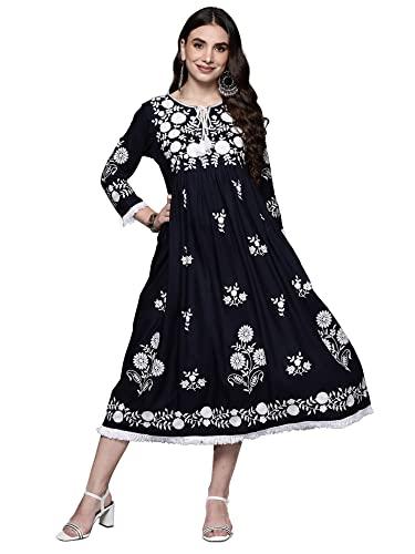 indo era women's blue embroidered a-line ethnic dress (ed5bl8795m)