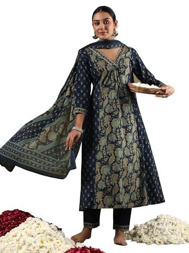 indo era women's blue pure cotton printed kurta pant with dupatta set (kh0bl7858_small)